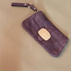 Tracy Reese charcoal grey leather clutch with faux ivory buckle and mag. Clasp